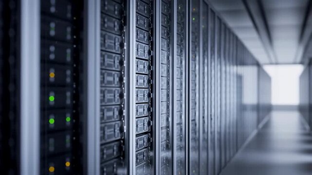 Macro angled view of server racks with LED indicator lights