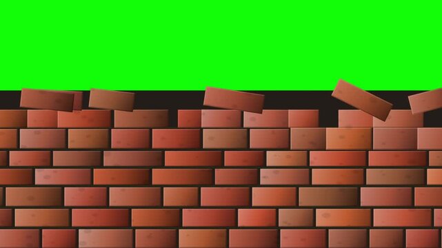 Red Brick Wall Building and Stacking Motion Graphic Animation on Chroma Key Green Screen Background 4K Video Wipe Transition for Construction Architecture Masonry Renovation and Barrier Reveal