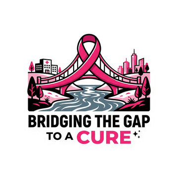 Bridging the gap to a cure vector design with pink ribbon bridge and city
