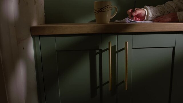 Woman writing with hot mug of coffee with writing pad in kitchen