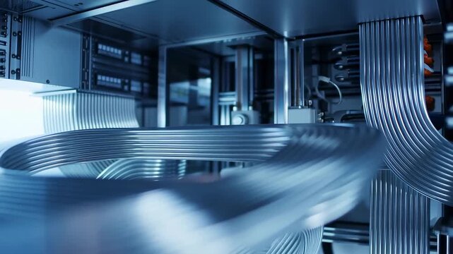 Macro of metal server cables moving inside a data center rack