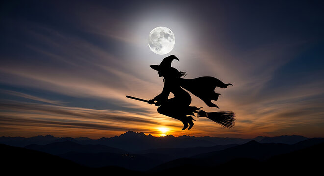 Witch flying on a broomstick against a dark sunset sky
