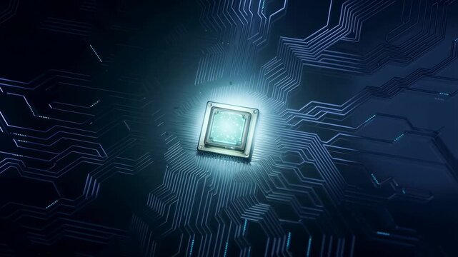 Glowing microchip pulses on dark circuit board