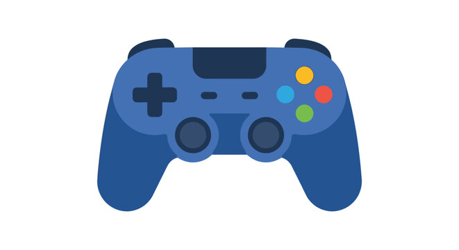 A blue game controller icon with colorful buttons and directional pad on white