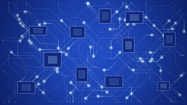 Abstract digital background featuring blue electronic circuit board patterns with glowing microchip processor connections design