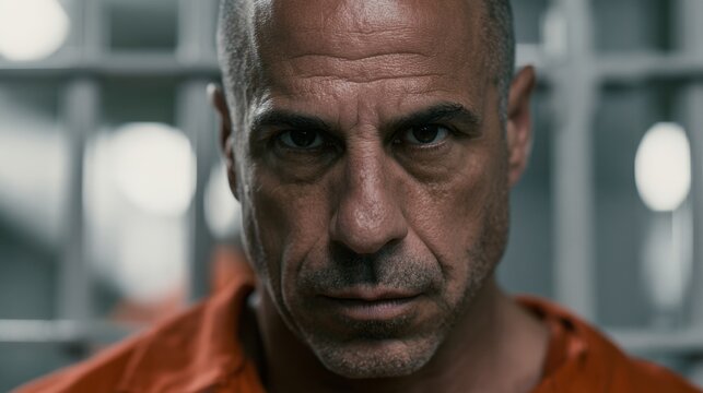 Man in a prison uniform looking at the camera.