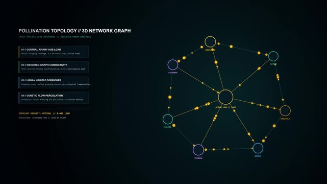 Conceptual digital network map visualization illustrating the ecological connection between beverage ingredients and a flourishing pollinator garden, representing sustainability and biodiversity.