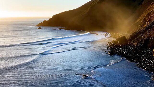 Rocky coastline waves roll gently along the shore at sunset