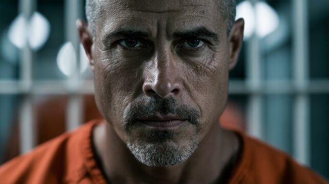 Man in a prison uniform looking at the camera.
