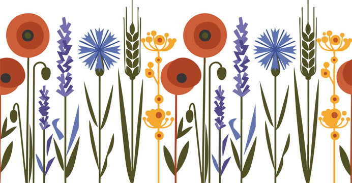 Seamless pattern with red poppies blue cornflowers and yellow wheat ears on a white background design