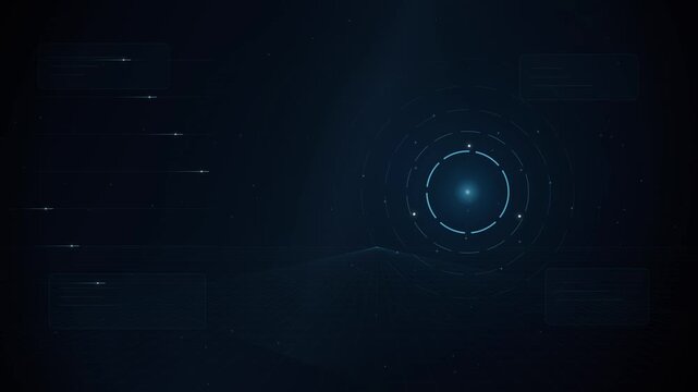 Abstract futuristic dark background with glowing blue circular interface and technical data overlay elements