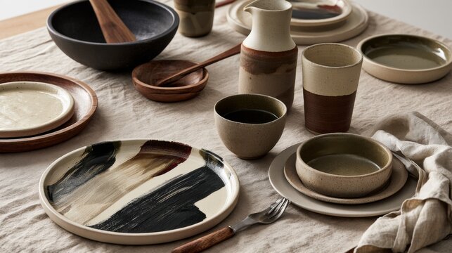 Elegant and Minimalist Table Setting with Handmade Ceramics and Natural Wood Accents for Modern Dining Experience