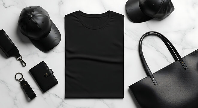 Black t-shirt with cap and bag on marble table