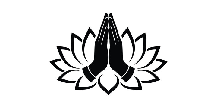 Black and white stylized lotus flower with hands gesture in center isolated on white background.