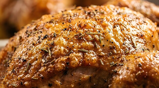 A detailed close up view of a beautifully roasted golden brown chicken with incredibly crispy skin and fragrant herbs prepared for serving