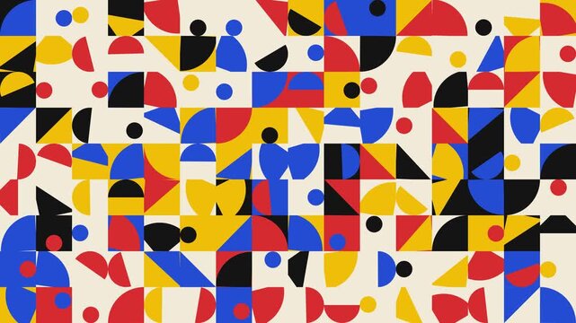 Abstract geometric pattern with colorful shapes and circles in a modern mosaic grid style