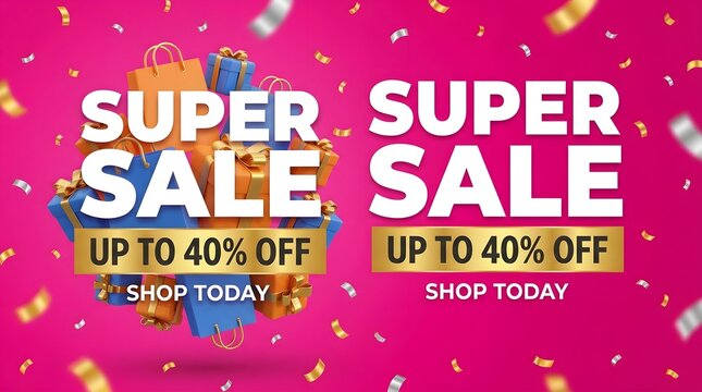 Dynamic super sale banner with 40% off promotion and gift items, surrounded by confetti on a vibrant pink background.