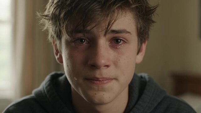 Emotional teenage boy crying and talking directly to the camera, expressing deep sadness in intimate, personal vlogging style.