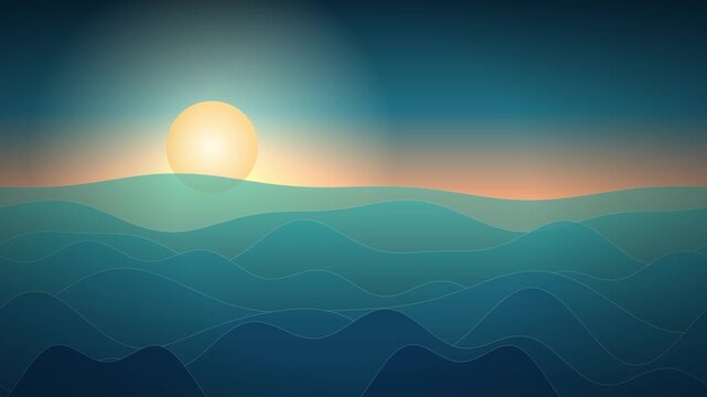 Abstract illustration of a glowing golden sun setting over deep blue rolling ocean waves