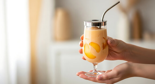Woman holding a glass of fresh peach smoothie with straw