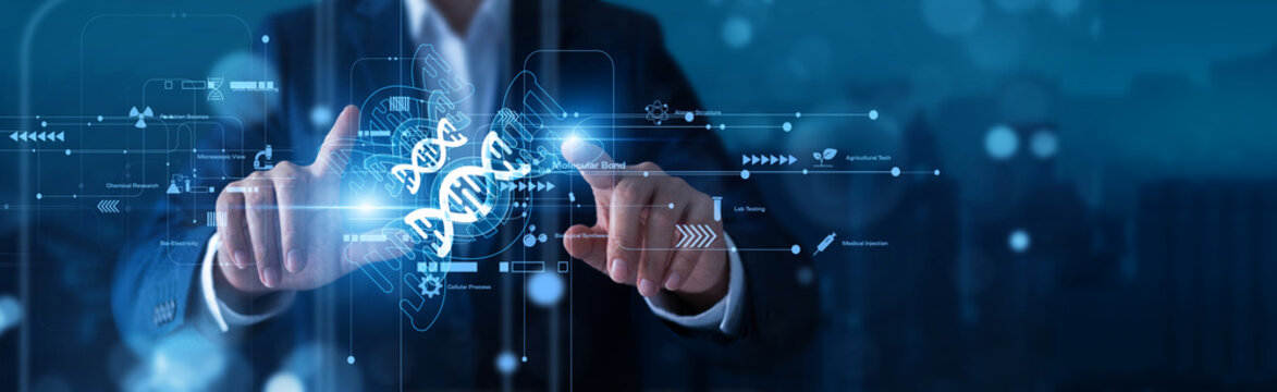 Scientist hands touch virtual DNA models Biotechnology cell research network databases analyzing molecular structures. Innovative genetic modification yields a healthy, sustainable organism.