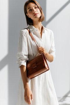 Young woman in a light checkered dress holding a classic brown crocodile texture leather crossbody bag.