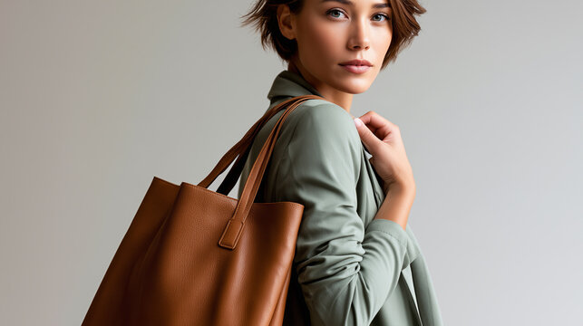 Portrait of a stylish woman carrying a spacious brown leather tote handbag over her shoulder. 