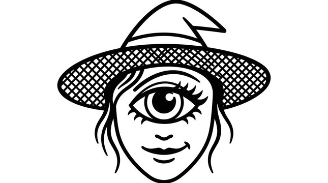 Mysterious Cyclops Woman with Witch Hat, Third Eye Vision, Occult Symbolism, Black and White Line Art