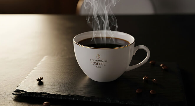 Steaming hot cup of black coffee on a dark stone table