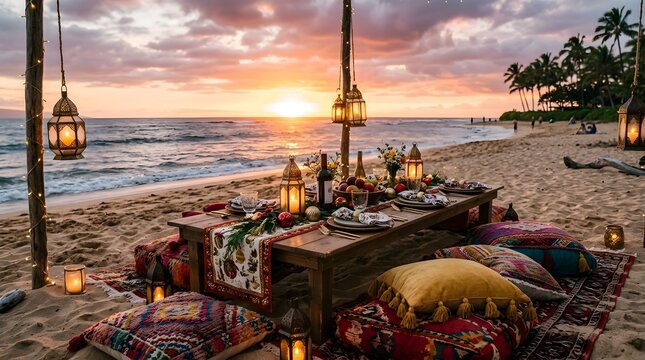 A beautifully arranged romantic dinner for two on a sandy beach at sunset with gentle ocean waves and soft warm lighting