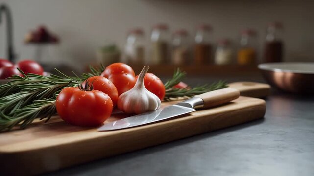 Fresh tomatoes garlic and rosemary rest on a wooden cutting board