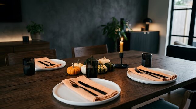 A beautifully arranged table features exquisite plates of fresh sushi complemented by lovely delicate floral arrangements in a dimly lit dining space