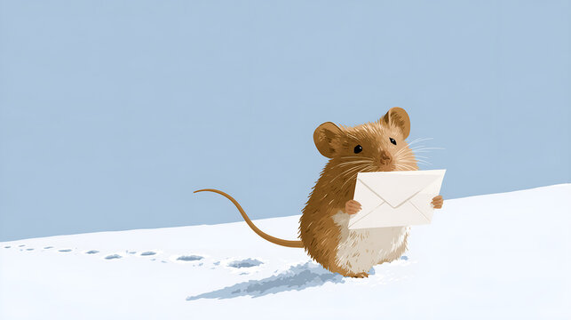Field mouse walking upright with a sealed letter in its paws