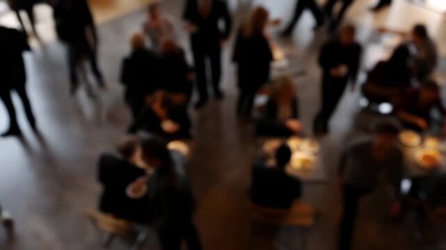 Intentionally blurred adults stand, walk, eat, and converse around tables at an indoor social gathering. Business networking promotion, event planning advertising, and hospitality marketing.