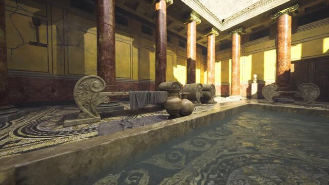Restored Roman domus interior with mosaic, ornate pool under skylight, Ionic columns, subtle shadow play, curated museum lighting, evocative heritage ambiance,