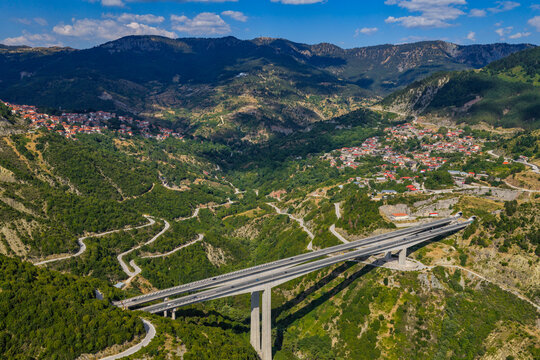 Aerial View of Egnatia Odos Bridge Crossing the Mountains Near Metsovo Greece
