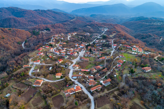 Aerial View of Ano Karyofyto Village Nestled in the Mountains of Xanthi Northern Greece