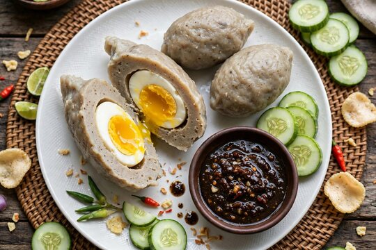 Kapal selam pempek Palembang authentic Indonesian fish cake with egg inside on white plate with cuko sauce and cucumber