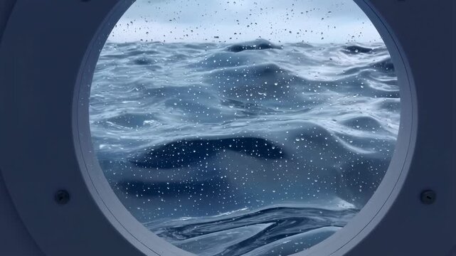 Rolling ocean waves splash against a round vessel porthole under an overcast sky. Maritime travel promotion, ocean exploration documentary, and marine science education.