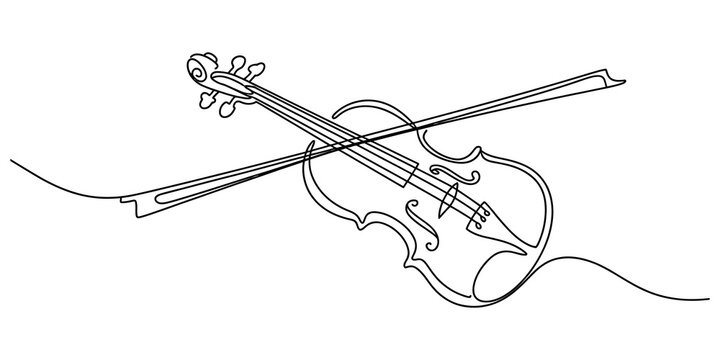 Continuous single line drawing of a violin with a bow showing a simple musical instrument outline for artistic design and creative music concepts isolated on transparent background, Vector