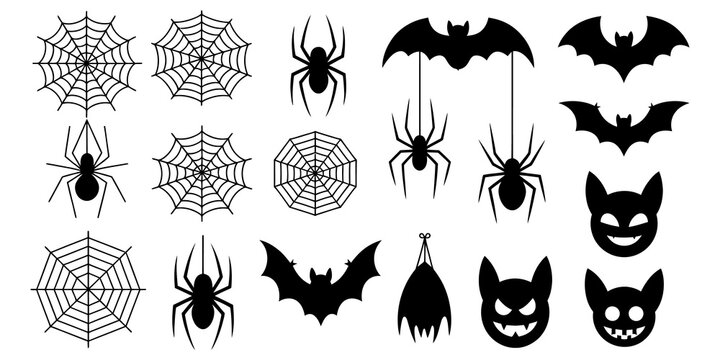 Set of black pixel art Halloween icons featuring spiders webs bats and scary monster faces isolated on white background isolated on transparent background, Vector