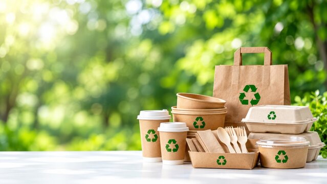 Eco friendly takeaway packaging arranged outdoors with recycling symbols and copy space