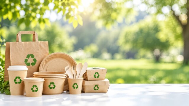Sustainable takeaway food packaging made from recyclable paper and cardboard in a park