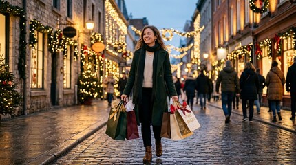 Obraz premium Smiling Young Woman Carrying Shopping Bags on Cobblestone Street Decorated with Christmas Lights