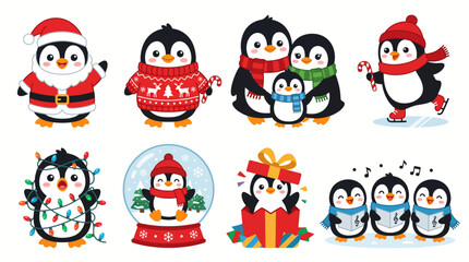 Fototapeta premium Cute Christmas Penguin Character Set Flat Vector Illustration