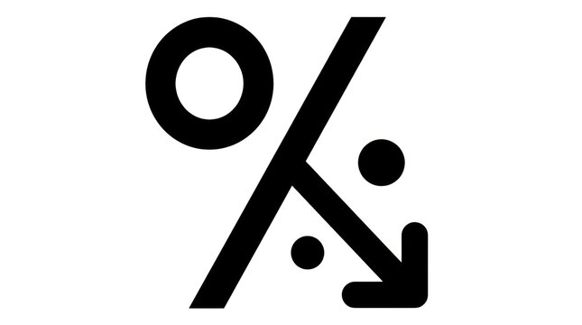 Abstract Black Percentage Symbol with Downward Arrow and Dots on White Background - Concept of Discount, Sale, Decrease, or Financial Loss