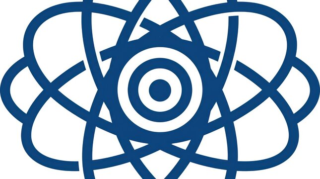 Abstract blue atomic structure symbol, representing science, research, and innovation.