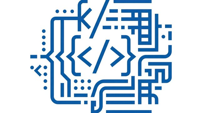 Abstract Blue Code Symbol with Brackets and Algorithm Lines on White Background - Programming, Technology Concept