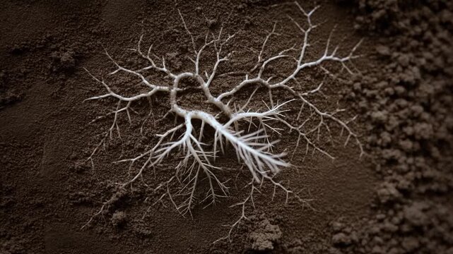 Animated plant root system branches through dark underground soil. Botany education, agriculture presentations, and environmental science lessons.