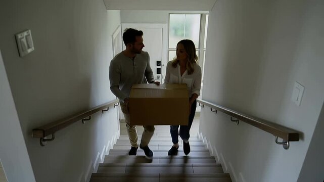 Entering front door, couple carrying moving box while descending stairwell, bringing box inside